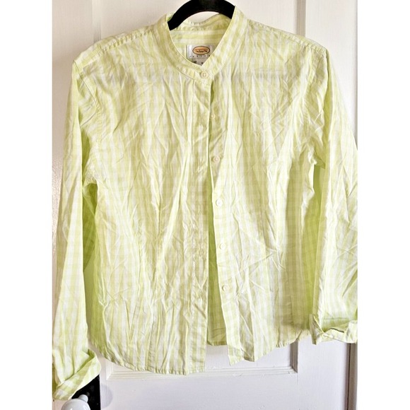 Talbots Tops - Vintage TALBOTS green white plaid button down Mock‎ neck shirt woman Sz M